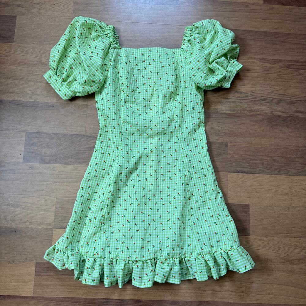 Women's Vintage 1970's Handmade Green Roses Floral Ruffle Puff Sleeve Dress Sz M - Picture 2 of 10